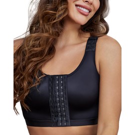 CURVEEZ Post-Surgery Front Closure Wireless Bra, Compression Shapewear Top with Wide Straps for Breast Augmentation Recovery (US, Alpha, X-Large, Regular, Regular, Black, Full Coverage Bra)