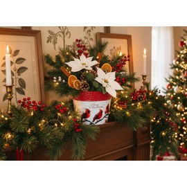 Napco Merry Christmas Cardinals Metal Pot Cover - Festive Red Bird & Winter Branch Holiday Planter 6 Inch Tall Galvanized Tin Bucket Planter for Christmas Decor & Gifts