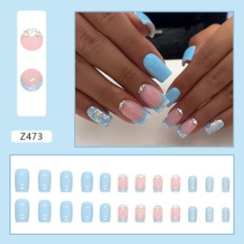 24Pcs Glossy Blue Press on Nails Square Short Full Cover French Artificial Fake Nails with Rhinestone Designs Acrylic Coffin False Nails with Glue Stick on Nails for Women Girls