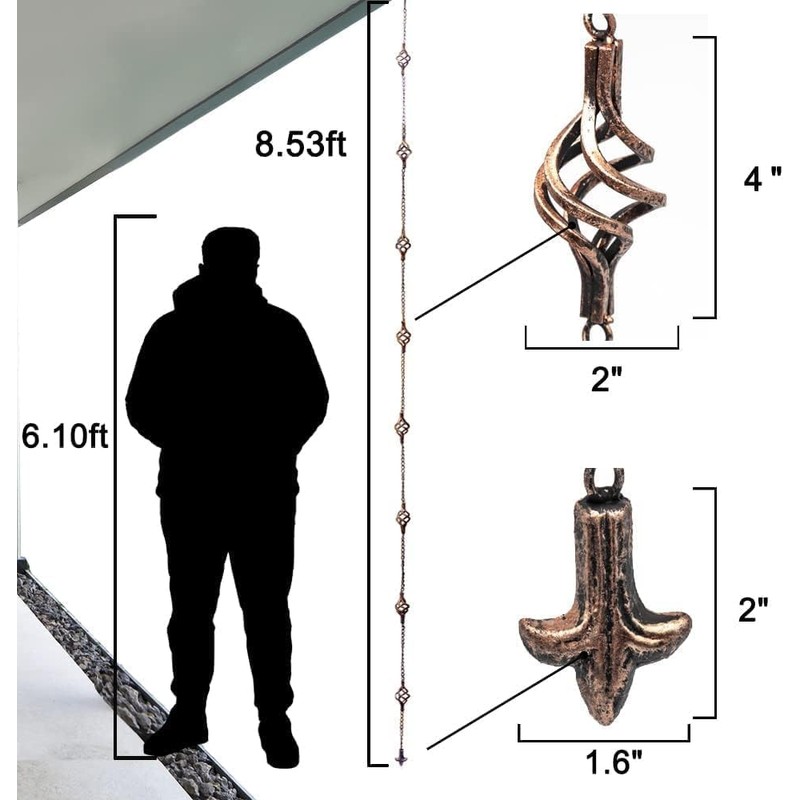 Gutter House Rain Chain, Spiral Gutter Chain 8.5ft, Copper Rain
