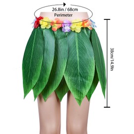 PIXHOTUL Leaf Hula Skirt and Hibiscus Leis Set Hawaiian Costumes for Beach Luau Party (Color 1)