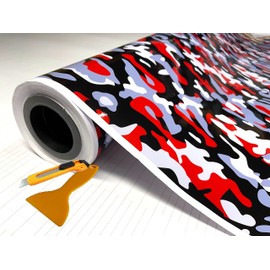 RED Black White Gray Glossy Camouflage Vinyl Car Wrap Film Sheet + Free Cutter & Squeegee ( Except Sample Size) (15FT x 5FT / 180" x 60")