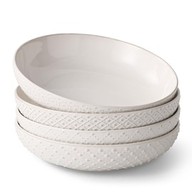 Y YHY 8.5" Pasta Bowls Set of 4, 30 oz Embossed Salad Bowls for Serving Soup, Noodle, Fruit, Dinner, Kitchen Deep Plates, Ceramic Dinnerware Sets, Soft White Dishes for Thanksgiving Day Gifts