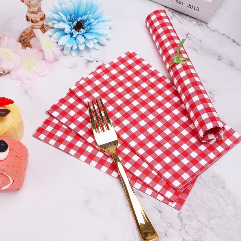 100 Pcs Red Gingham Napkins Disposable - Red and White
