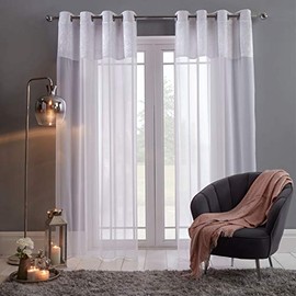 Sienna Crushed Velvet Window Treatment Lace Net Textured Eyelet Ring Top Voile Two Panel Curtains, Pure White - 55" x 87" Drop