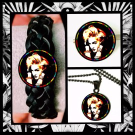MADONNA IMAGES SET LEATHER BRACELET  NECKLACE  PIN