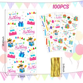 100 PCS Happy Birthday Cellophane Treat Bags(5.1x10.6 Inch) with Ties Colorful Plastic Goodie Candy Cookie Goody Loot Gifts Bags Bulk Pouches for Birthday Party Favors Supplies Decorations for Kids