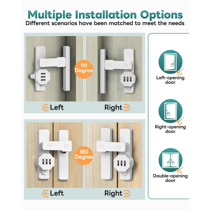 YogePote Keyless 90/180 Degree Sliding Barn Door Lock Latch, White-1PC