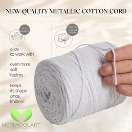 MeriWoolArt® Makramee Garn 2 mm x 250 m Baumwollkordel, recyceltes weiches Baumwollgarn für das Stricken von Pflanzenhängern, Schmuckherstellung, Häkeltaschen (Weiß, 2mm)