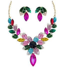 MMonesu Women Jewelry Set Rhinestone Colorful Crystal leaf shape Statement Choker Necklace Teardrop Cluster Dangle Earrings Set for Wedding Prom Party