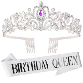 AQOKKA Birthday Crown and Sash for Women Birthday Queen Sash & Glitter Rhinestone Tiara Set Women Crystal Hair Accessories Party Supplies Birthday Decoration for Girls
