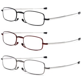 OWTXIS 3 Pack Folding Reading Glasses for Men Women, Keychain Compact Readers Blue Light Portable Pocket Eyeglasses (Black, Gunmetal, Red, +2.00)