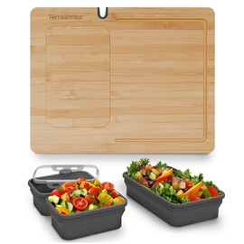 TerraStrike Bamboo Cutting Board Set with Knife Sharpener – Thick Wood Boards with Juice Groove, Silicone Container & Handles, Non-Toxic, Over Sink Design