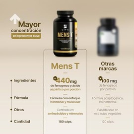 B Life Company Mens T Vitaminas Para Hombre de 180 Cápsulas. Ingredientes naturales: Fenogreco, Ácido Aspártico, Arginina, Zinc y D3. Precursor Natura