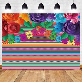 DOTOOMA 7X5FT Colorful Flower Mexican Fiesta Photo Backdrop Polyester Fabric Stripes Banner Supplies Photography Background Picture Newborn Party Supplies