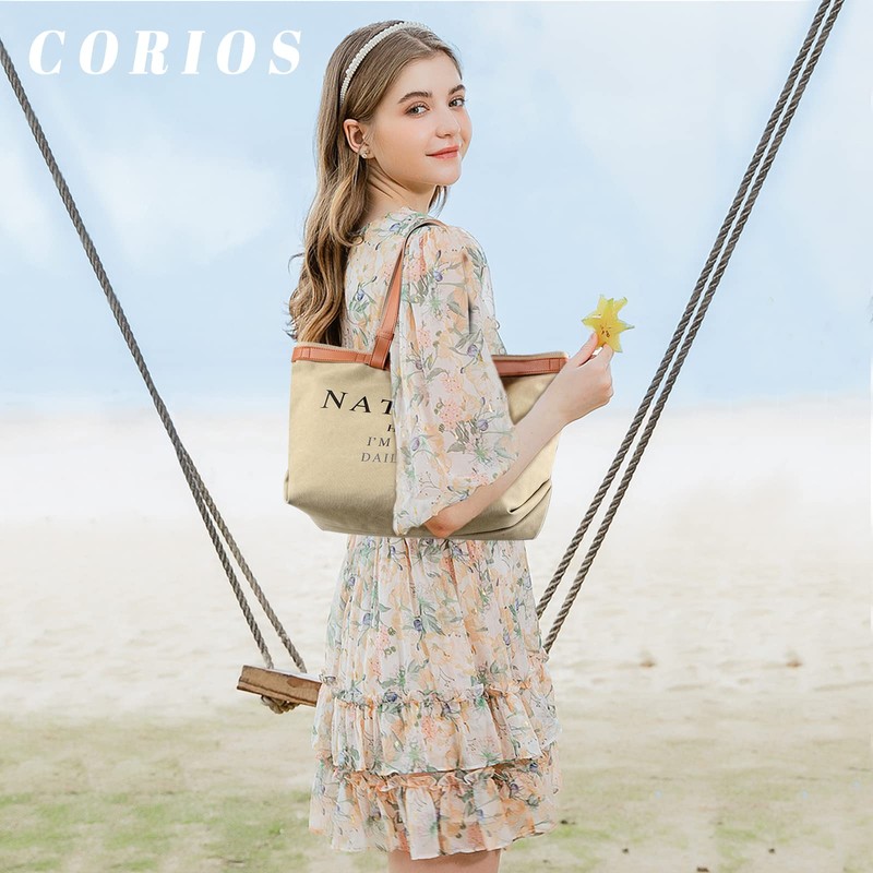 CORIOS Women Tote Bag Canvas Handbag Multi-Pockets Shoulder Bag Large