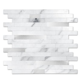Yipscazo Metal Tile Backsplash Peel and Stick for Kitchen Bathroom Laundry Room Camper Fireplace (12x12 inch, Marble White with Metal)