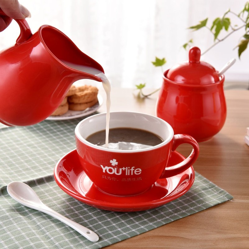 Ceramic Colorful Creamer and Sugar Set with Lid Spoon, Coffee