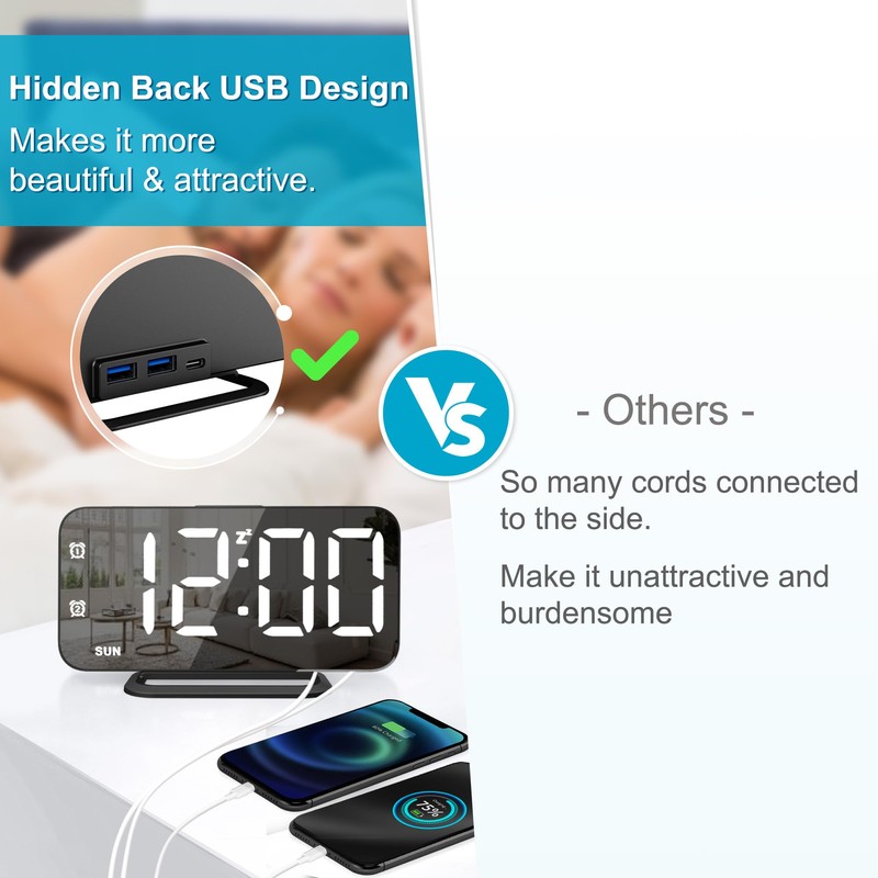 JALL Super Slim LED Digital Alarm Clock, Mirror Surface for