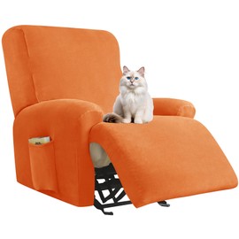 Deisy Dee 4-Piece, 1 Seat Recliner Cover, Soft Velvet Recliner Chair Covers- Stay-in-Place Slipcovers for Recliner Chair (Orange)