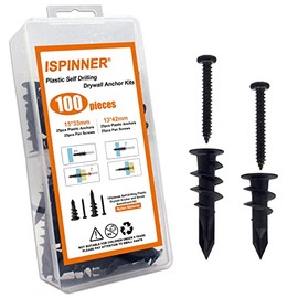 ISPINNER 100pcs #6#8 Self Drilling Plastic Drywall Anchors with Screws, Self Tapping Sheetrock Anchors Hanging and Mounting 50-75lbs(Black)