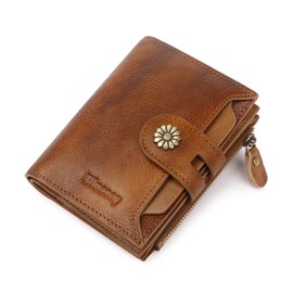 Blucoay Small Wallets Women,RFID Blocking Bifold Wallet Leather Wallet for Women Card Holder with Zipper Coin Pocket ID Window Darkbrown