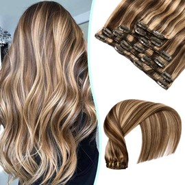 VINBAO Clip-In Real Hair Extensions Balayage Colour 4 Medium Brown Highlighted 27 Caramel Blonde Clip-In Extensions Real Hair Blonde 14 Inches 100 g 6 Pieces Double Wefts (#4P27.35 cm)