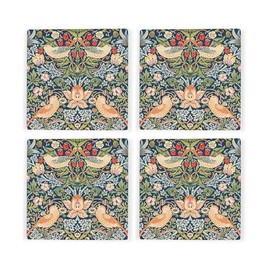 Blue Strawberry Thief Ceramic Coaster Set - William Morris Artwork Gifts - Square Set of Four (4) Coasters