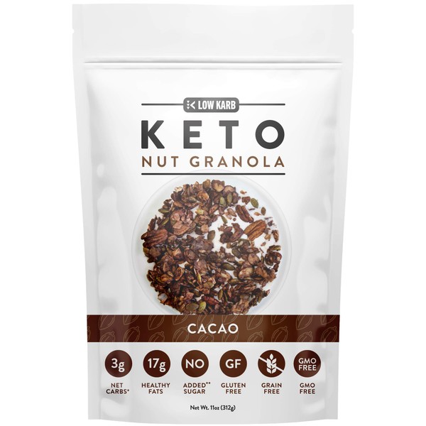 Low Karb - Keto Cacao Nut Granola Healthy Breakfast Cereal - Low Carb Snacks & Food - 3g Net Carbs - Almonds, Pecans, Coconut and more (11 oz) (1 Count)