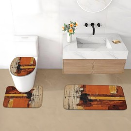 4Pcs Shower Curtain Set, Orange Gold Abstract Bathroom Shower Curtain with Rugs and Accessories,with Non-Slip Rugs, Toilet Lid Cover and Bath Mat for Bathroom Decor Set