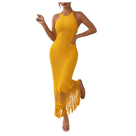 SOLY HUX Women's Summer Fringe Trim Halter Neck Bodycon Dress Crochet Sleeveless Maxi Dresses Plain Yellow Large