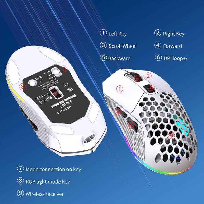 Wireless Mouse 2.4G Or BT5.1 Adjustable DPI Hollowed Out RGB