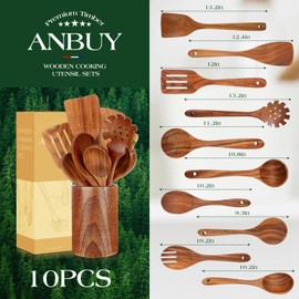 Teak Wooden Kitchen Utensil Set - Non-Toxic Wood Cooking Utensils, Wood Utensils, Wooden Utensil Set (10PCS), Heat-Resistant for Home Kitchen