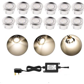CISLAN LED Outdoor Deck Lights Kits, Warm White Φ1.77in Low Voltage 12V DC IP67 Waterproof, Electric Wired Recessed Round Up Landscape Lighting for Outside Yard Stair Step Floor Riser, 12 Pack Silver