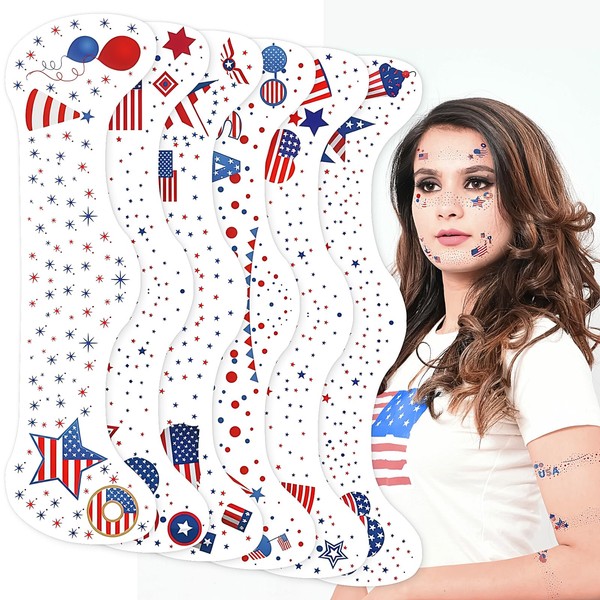 4th of July Face Tattoo Red White Blue Glitter Freckles,