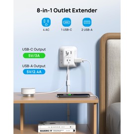 TROND 360° Rotating Plug Outlet Extender, Electrical Extendable Multi Plug Outlet 36in, 1440J Surge Protector, Featured 5 AC and 3 USB Ports, Use Behind Couches, Nightstands, Desks, White
