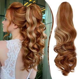 FELENDY Claw Ponytail Extension 18" Curly Wavy Clip in Long Pony Tails One Piece Jaw Hairpiece for Women Daily Use Light Auburn Mix Ash Blonde