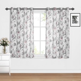 MYSKY HOME Curtains 63 Inch 2 Panels Length Floral Light Filtering Curtains for Living Room Pattern Light Privacy Cotton Burlap Effect Drape Window Treatments Grommet, Pink and Grey