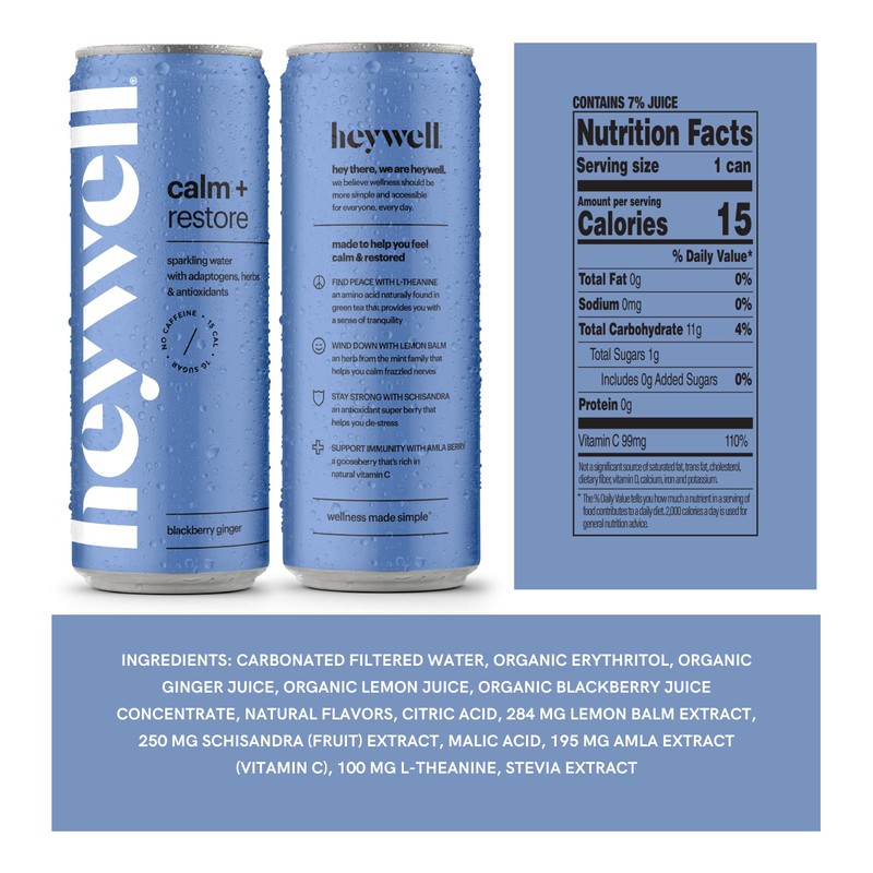 Heywell Sparkling Adaptogenic Water Calm and Restore, Blackberry Ginger Flavor