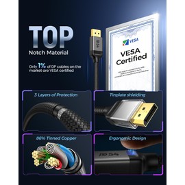 Silkland 54Gbps DisplayPort Cable 2.1 [VESA Certified], DP 2.1 Cable [16K@30Hz, 8K@120Hz, 4K@240Hz 165Hz 144Hz] HDR, HDCP DSC 1.2a, Compatible FreeSync G-Sync Gaming Monitor 5090 7900XTX, 6.6FT
