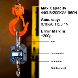 Fuzion Mini Crane Scale - Hanging Scale 440lb/200kg/1960N, Deer Scale Hanging with Large LCD Display, Hold & Tare Functions, No Assembly Needed