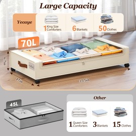 Yecaye Under Bed Storage with Wheels 2Pack, 70L Larger Capacity Under Bed Storage Containers, Underbed Shoe Storage Organizer, Rolling Under Bed Metal Drawers for Clothes, Blankets(35.5 x 17 x 6.7in)