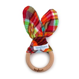 Kanga Care Baby Soft Muslin Sensory Crinkle Bunny Ear Wood Teething Ring - Quinn Plaid