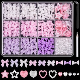 3D Nail Charms and Flatback Pearls #3, 600 Pcs Pink White Lilac Multi Styles Bowknot Charms + Pink&White Star Heart Nail Jewels + 2-6mm White Nail Pearls for Nail Art Design with Pickup Tools