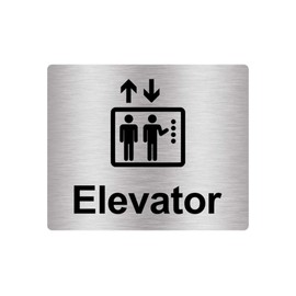 Elevator, Sign Silver Adhesive Sticker Notice, Metallic Silver Engraved Black with Universal Icon Symbol and Text (Size 5 inches x 4 inches)