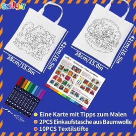 SNEILJOY Bags for Painting for Children Set, 2 Cotton Bags for Painting (42 x 38 cm) and 10 Textile Markers, DIY Craft Set for Children from 6 Years, Ideal for Overnight Parties and Holidays (YC73001)