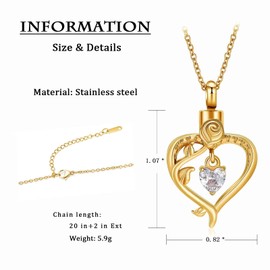 AIWENXI Urn Necklace for Ashes Heart Cremation Jewelry Flower Stainless Steel Memorial Keepsake Urns Pendant Necklaces Jewelry Mini Heart shape Birthstone Ash Jewelry for Men Women