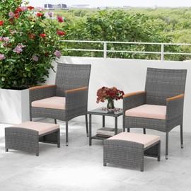 HAPPYGRILL 5 Pieces Wicker Patio Conversation Set, PE Rattan Porch Chairs with Ottomans, 2-Tier Coffee Table, Cushions, Outdoor Furniture Set for Garden, Poolside, Balcony