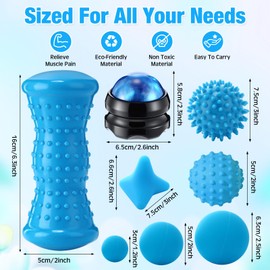 Burbell 8 Pack Blue Massage Ball Set for Myofascial Point Release & Deep Tissue Massage Includes 3 Sizes Lacrosse, 2 Spiky Balls, Hand Exercise Ball, Foot Roller, Mountable Self Ball