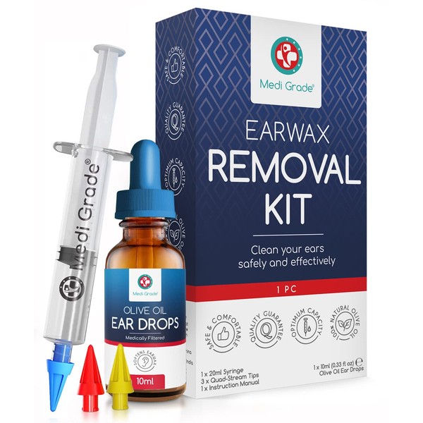 Ear wax Removal Kit, Ear Wax Syringe by Medi Grade - with Olive Oil Ear Drops - Reusable Ear Cleaner -3 x Soft Quad-Stream Ear Wax Removal Syringe Tips - Ear Syringe Kit for Removing Ear Wax Home Use